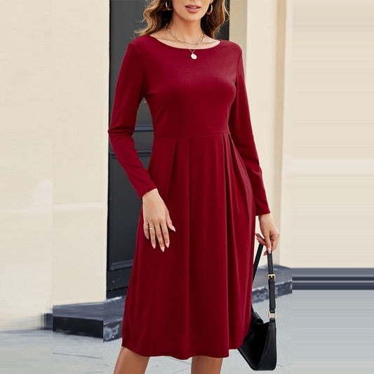 Casual Round-neck Long-sleeved Pleated Dress