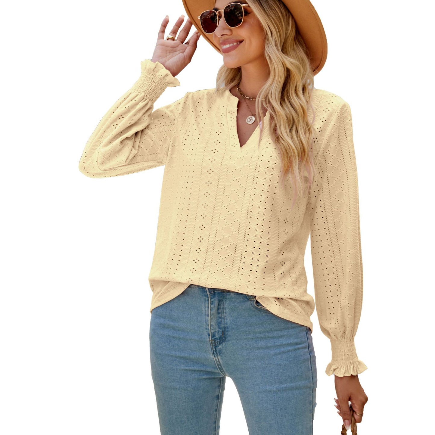 Solid Color Hollow-out Pleated Ruffle Shirts Sleeve V-neck Loose Long Sleeve Tops Women