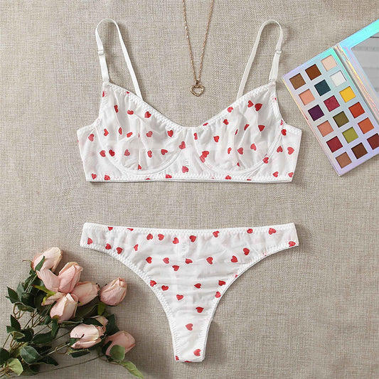 Love Heart Print Mesh Lace G String Set