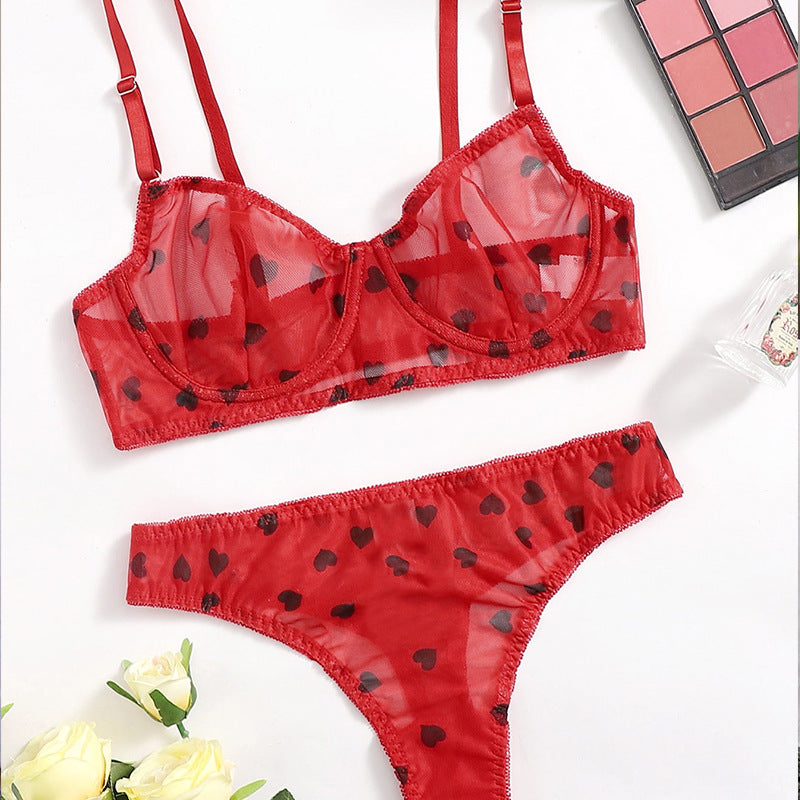 Love Heart Print Mesh Lace G String Set