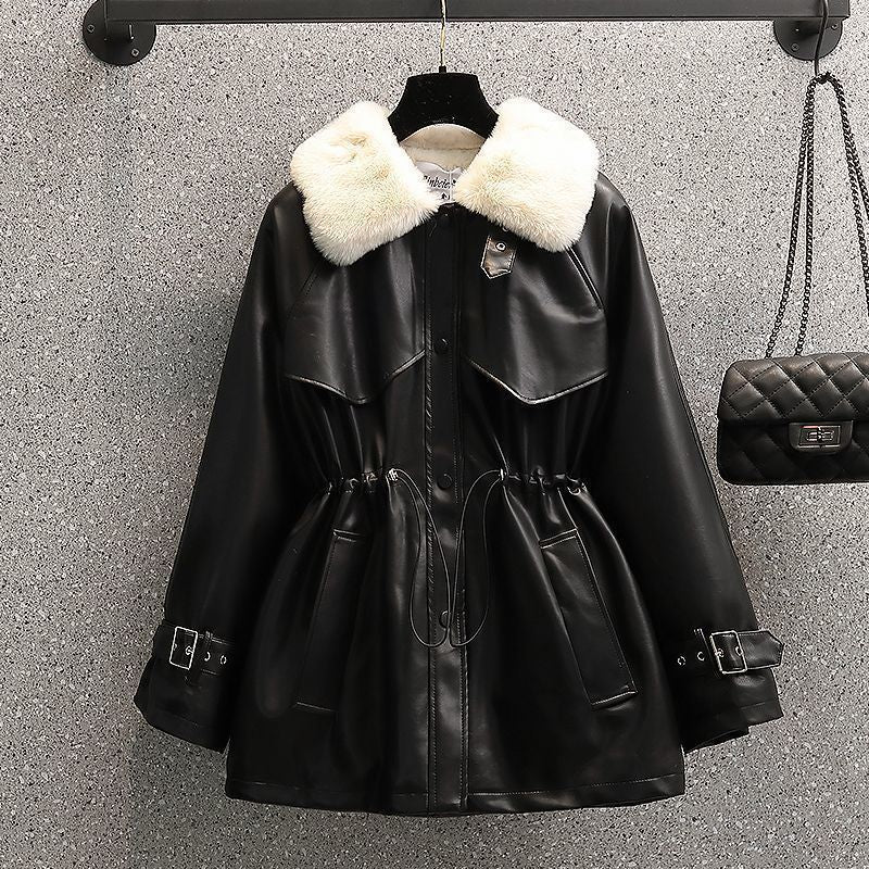 Winter Fashion Temperament Waist-controlled Fleece-lined Leather Coat