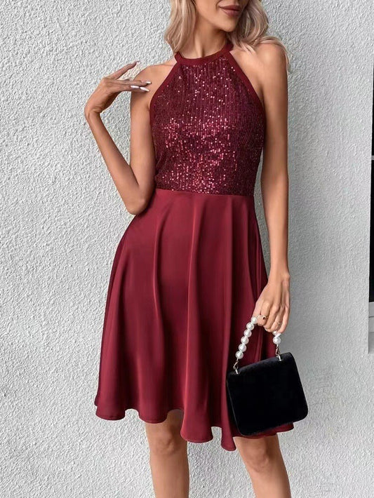 Sequin Stitching Sleeveless Slim Solid Color Dress