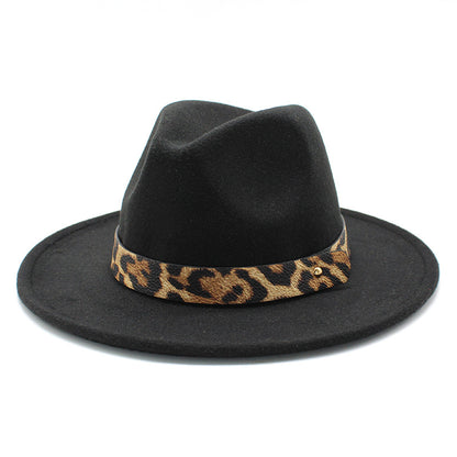 Leopard Print Detail Woolen Flat Brim Fedora