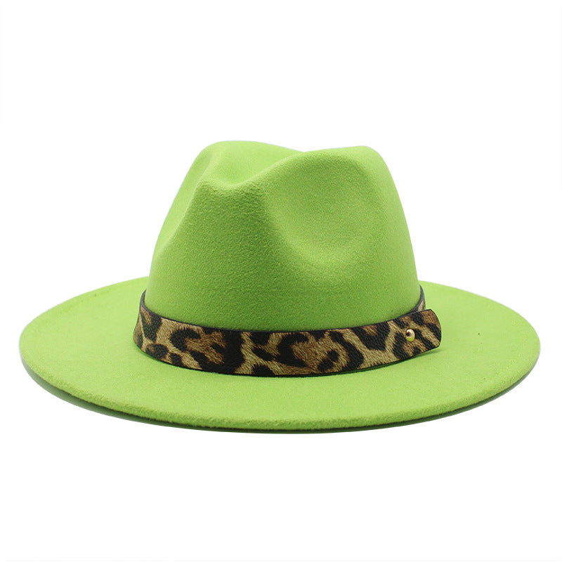 Leopard Print Detail Woolen Flat Brim Fedora