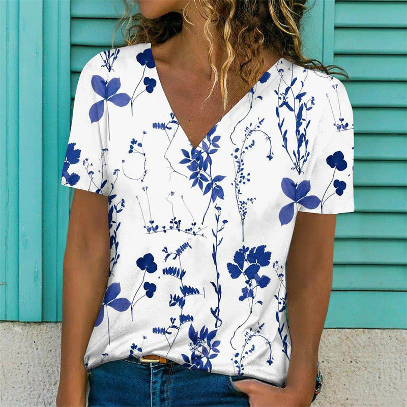 Casual Floral Print Short Sleeve V-Neck Pullover