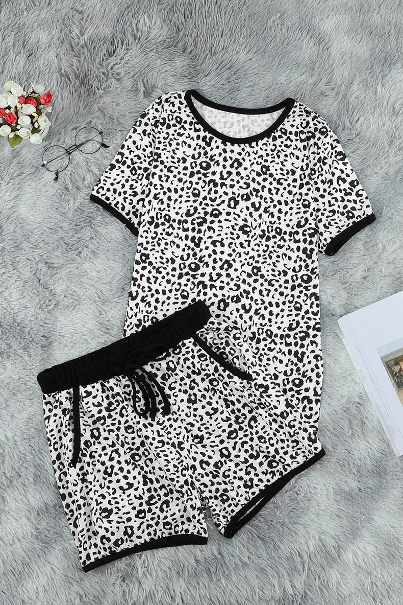 Casual Homewear Black White Leopard Print Short Sleeve Shorts Pajama Set