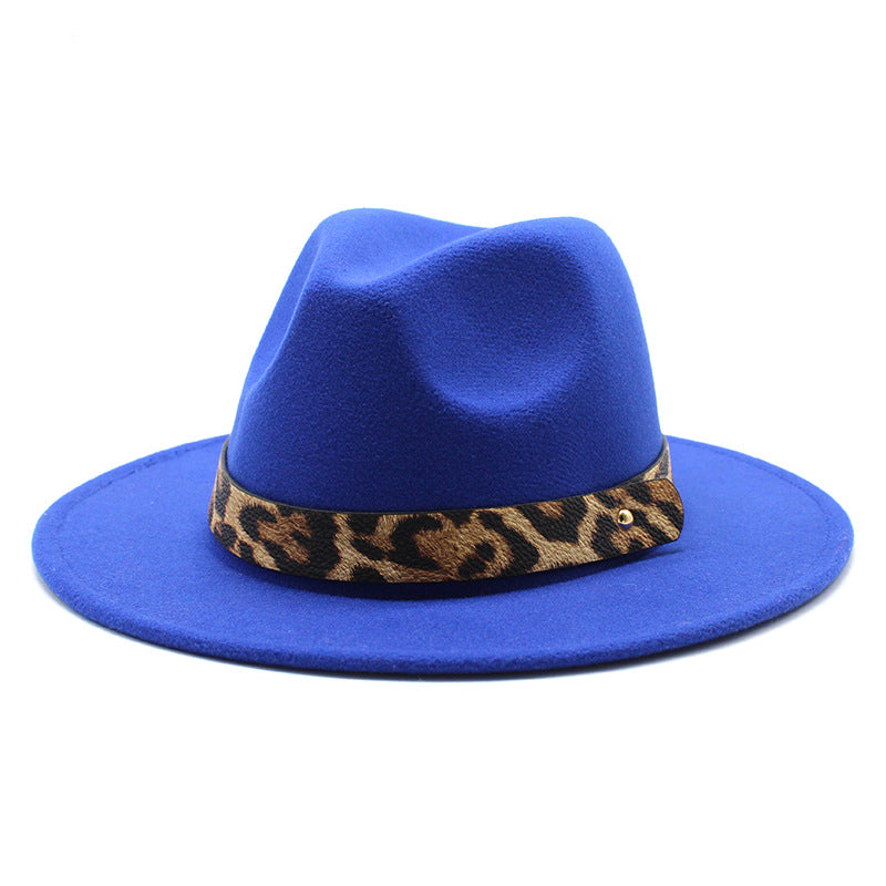 Leopard Print Detail Woolen Flat Brim Fedora