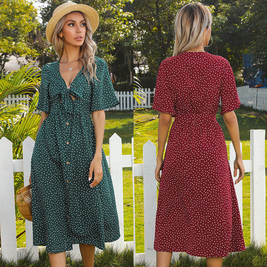 Long Polka-Dot Sexy Hollow Lotus Leaf Sleeve Bowknot Dress Women