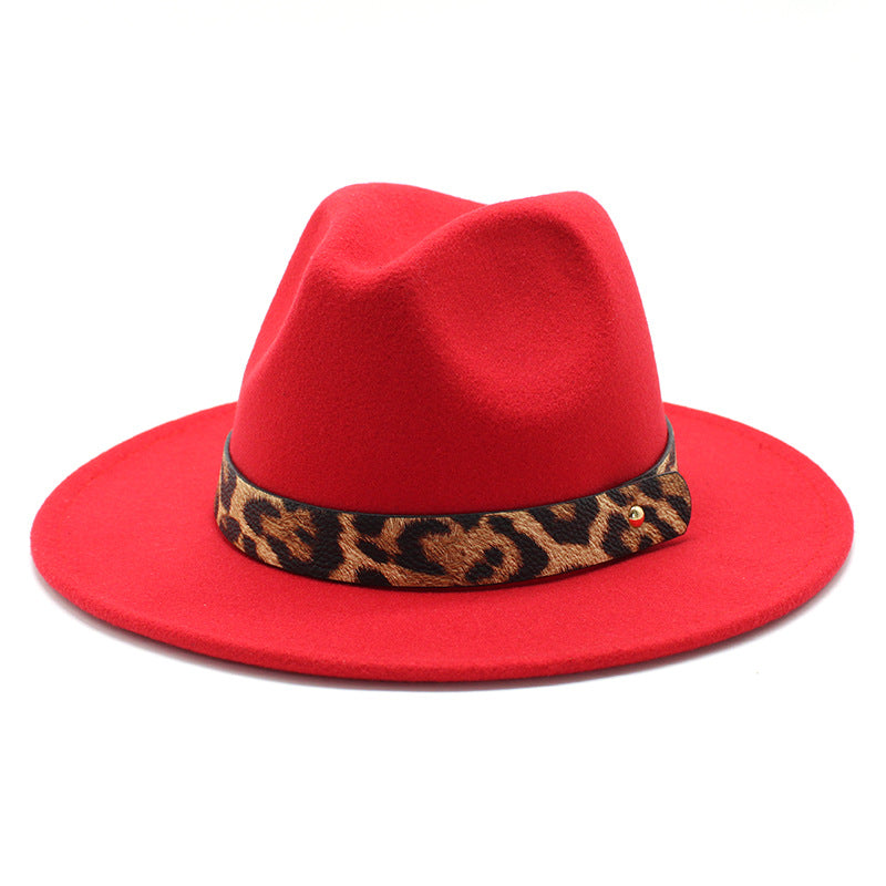 Leopard Print Detail Woolen Flat Brim Fedora