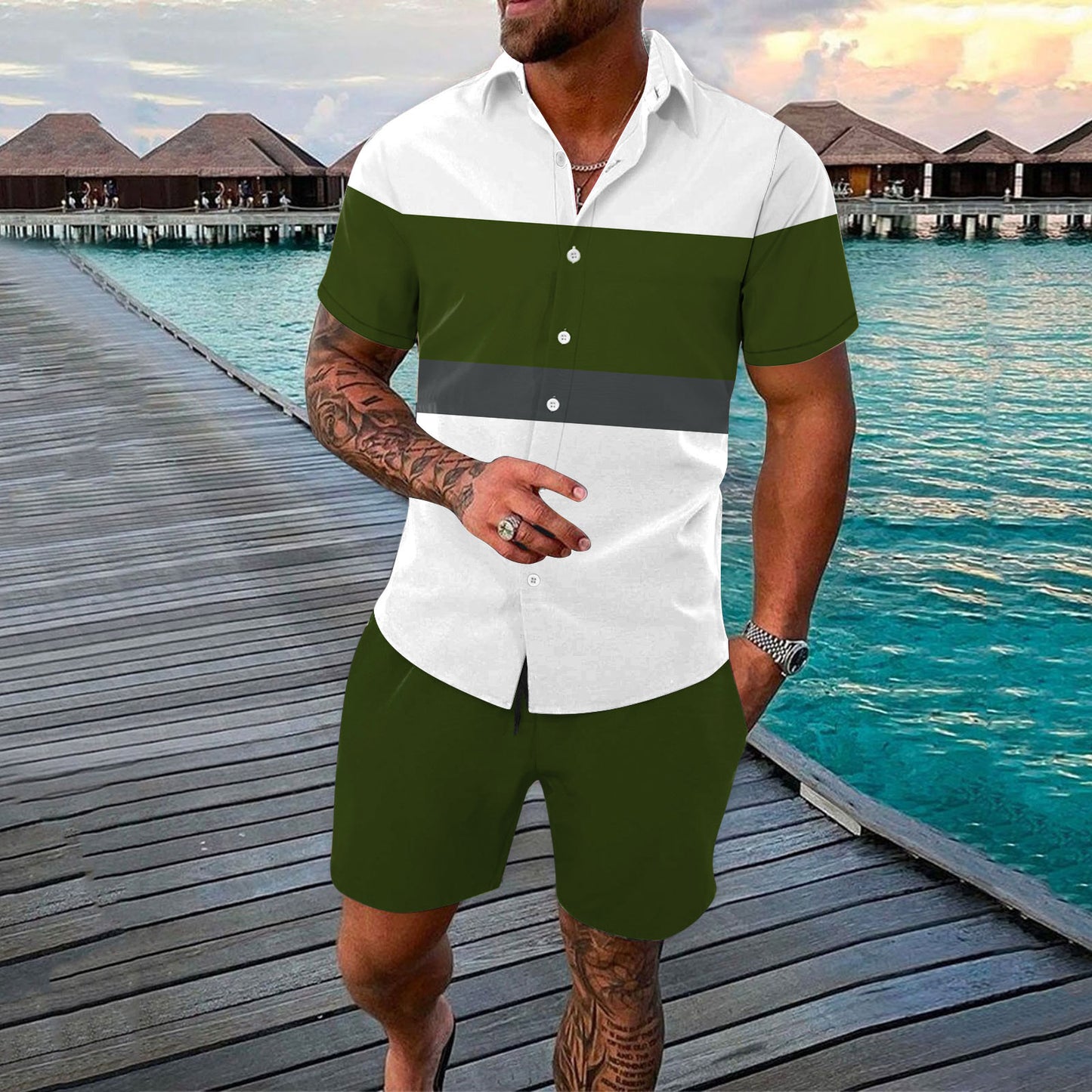 3 Tone Button Up Shirt and Shorts