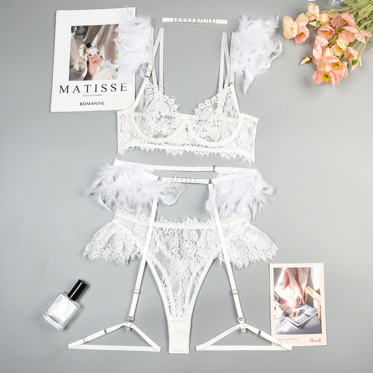 Feather Trim Lace Lingerie Set