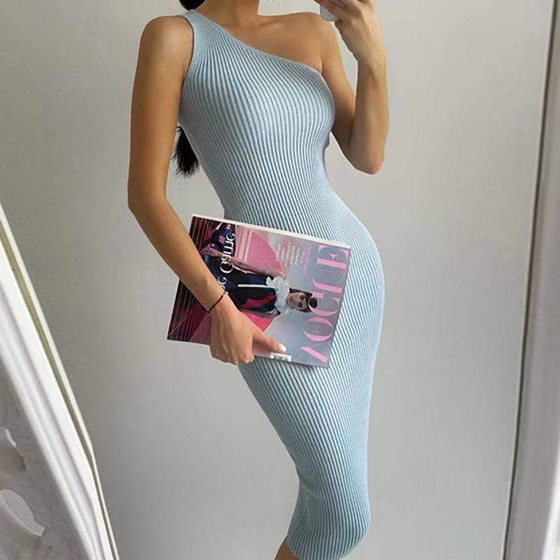 One Shoulder Sleeveless Knitted Bodycon