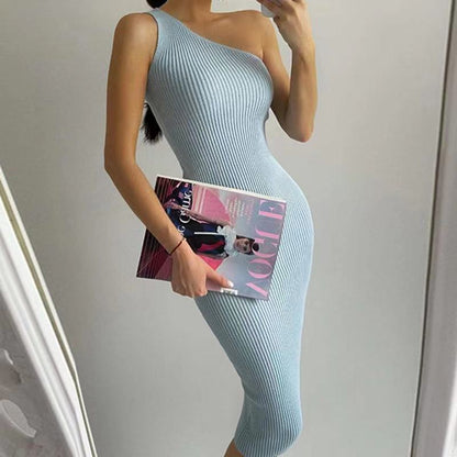 One Shoulder Sleeveless Knitted Bodycon