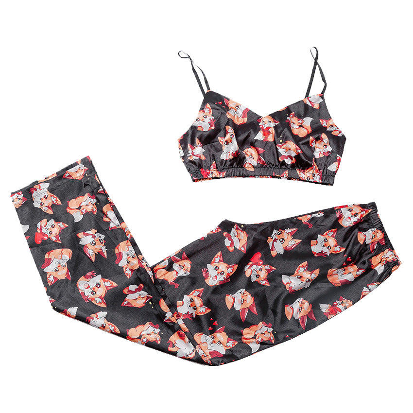 Fox Print Full Length Pants Bralette Combo Pajama Set