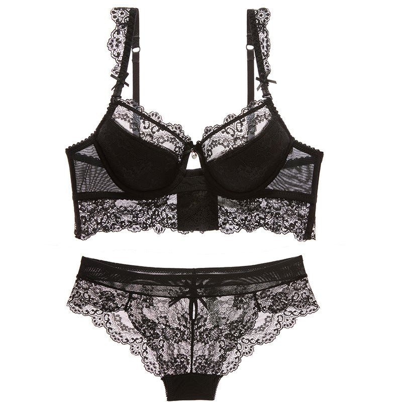 Scallop Edge Mesh Lace Embroidery Cotton  Lingerie Set