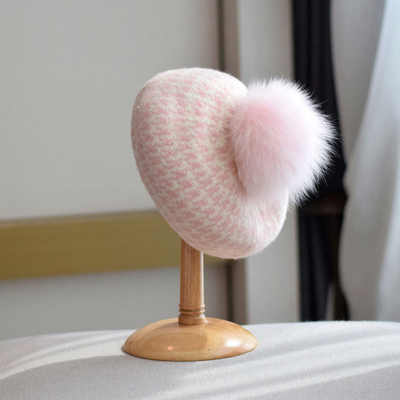 Women's Autumn And Winter Fox Fur Ball Knitted Octagonal beanie