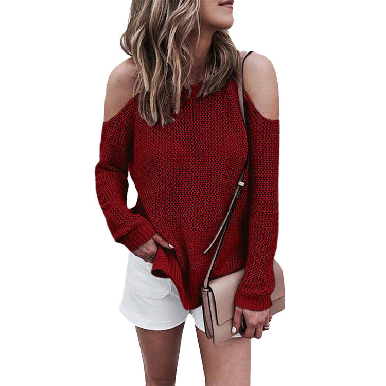 Loose Round Neck Long Sleeve Off the Shoulder Knitted Wool Top