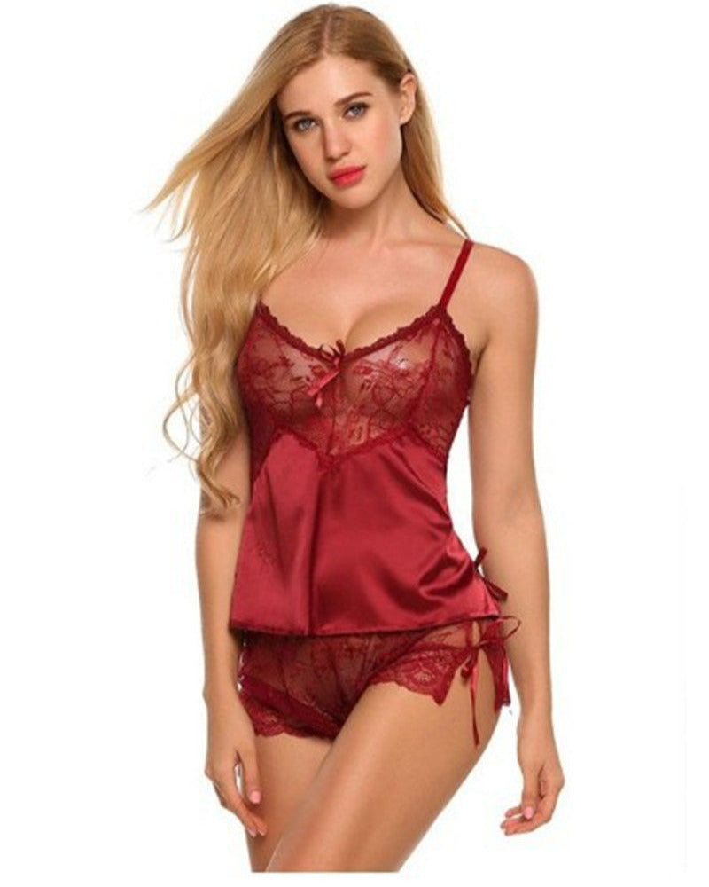 Sheer Mesh Vine Floral Embroidery Bow Detail Loose Corset 2 Piece Pajama Set