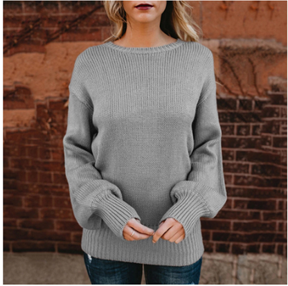 U Neck Long Sleeve Back Bow Tie Knitted Sweater Knitwear