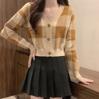 Plaid Low Collar Single-breasted Knitwear Cardigan