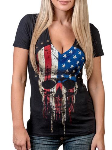 Skull Print T-Shirt Causal Women Short Sleeve V-Neck Punk Style Tee Tops Clothing