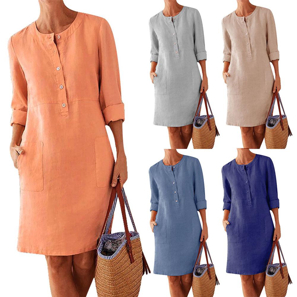 Casual Long Sleeve Half Button Loose Casual Dress