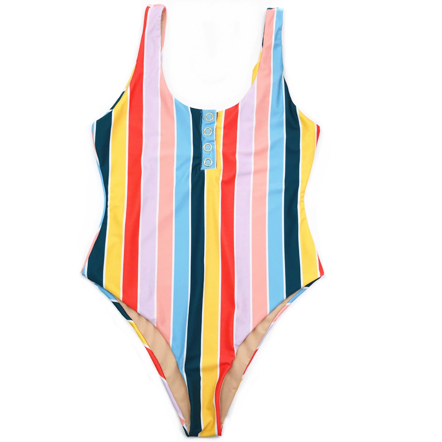 One piece swimsuit with printed snap button stripes