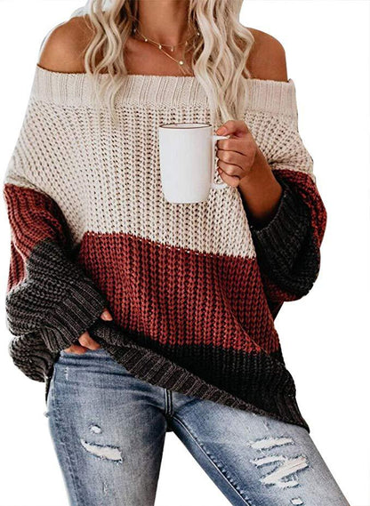 Off Shoulder Patchwork Stripes Knitwear Sweater