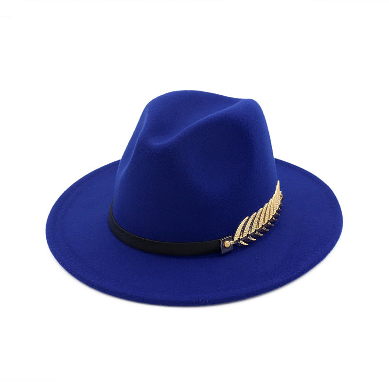 Gold Feather Detail Leather Strap Fedora