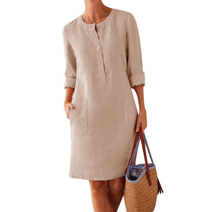 Casual Long Sleeve Half Button Loose Casual Dress