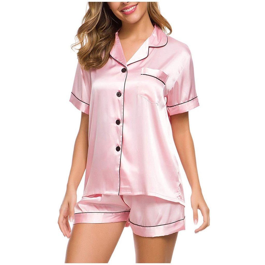 Soft Glossy Button Up Short Sleeve Night Pyjamas ladies Sleeping Clothes Nightwear Women