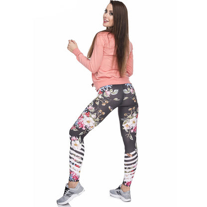 Floral Print Shin Stripe Detail Leggings