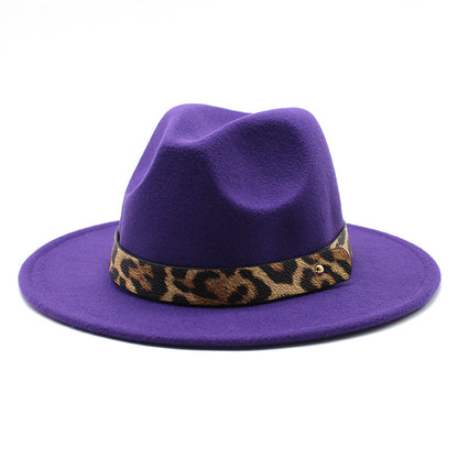 Leopard Print Detail Woolen Flat Brim Fedora