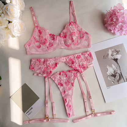 Floral Embroidery Lace Up Strap 3 piece lingerie Set