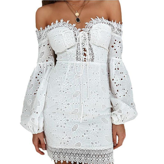 White Off the Shoulder Lace Hem Detail Boho Mini