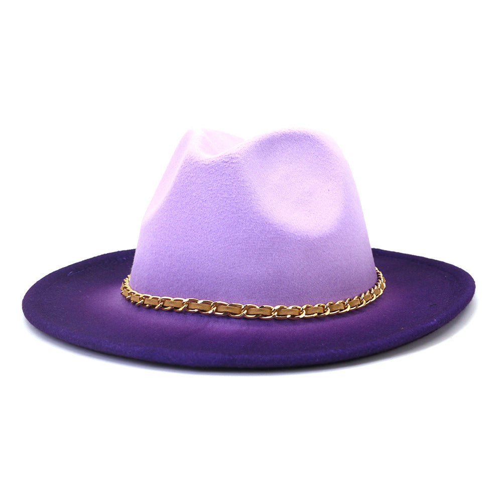 Gold Link Chain Detail Flat Brim Woolen Jazz Hat