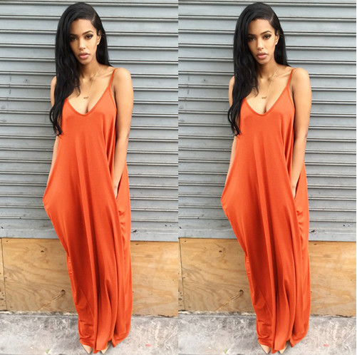 Loose Fit Strappy Plunge Long Summer Dresses