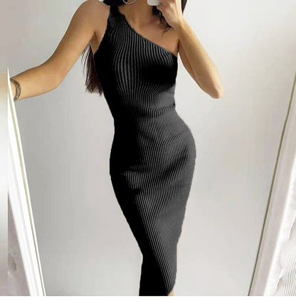 One Shoulder Sleeveless Knitted Bodycon