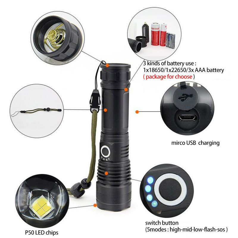 USB Charging Zoom P50 Flashlight