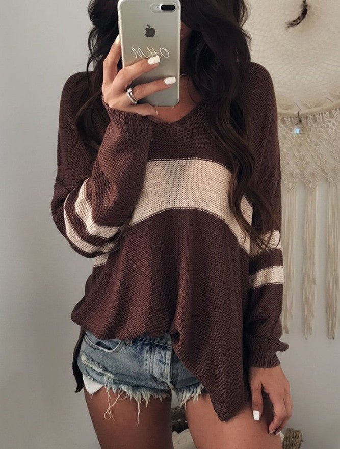 Varsity V neck Loose Sweater