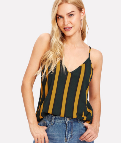 Double V Neck Striped Cami Top Spaghetti Strap Casual Women Sexy Striped Top 2021 Summer Multicolor Backless Camisole Tops