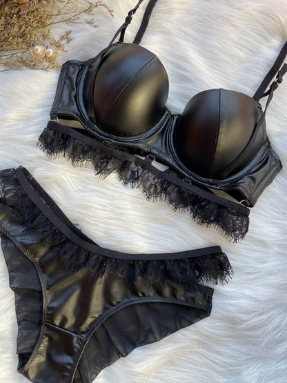 Lace Frill Edge Buckle Detail Leather Lingerie Set