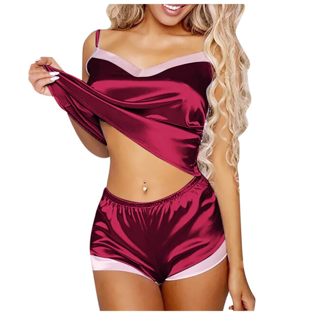 Smooth Glossy Cuff Lining Detail Pyjamas Ladies Nightwear Women Pajamas Sexy Nightclothes