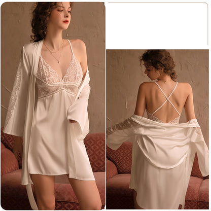 Sexy Thin Ice Silk Sling Lace Pajamas With Chest Pad