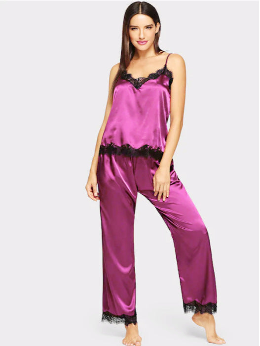 Frill Lace Hem Pajamas Simulation Silk Summer Long Pajamas Two-Piece Suit