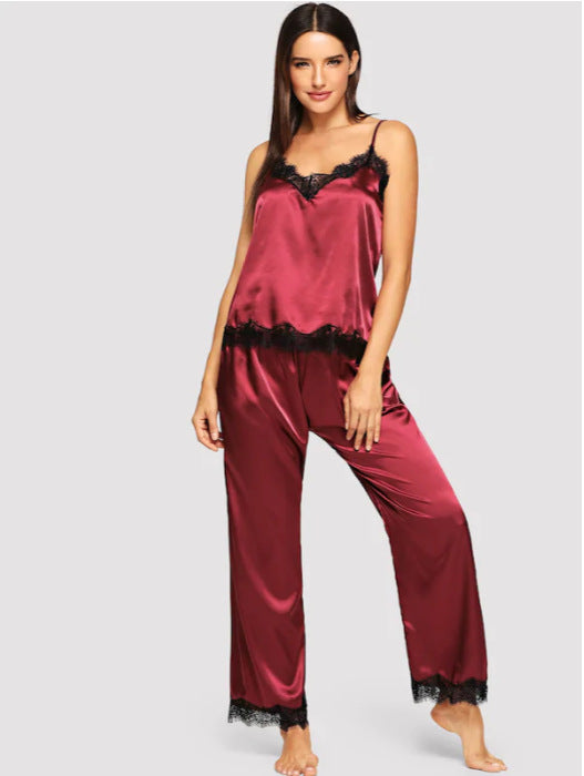 Frill Lace Hem Pajamas Simulation Silk Summer Long Pajamas Two-Piece Suit