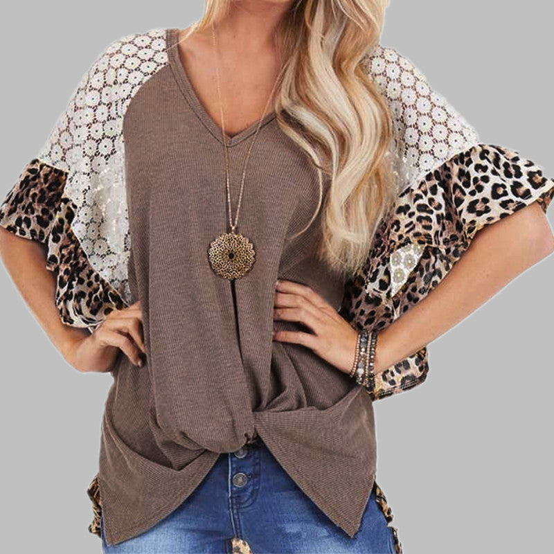 Loose V-neck Batwing Lace Embroidery Short Leopard Print Sleeve Top