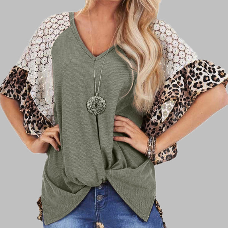 Loose V-neck Batwing Lace Embroidery Short Leopard Print Sleeve Top