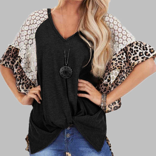 Loose V-neck Batwing Lace Embroidery Short Leopard Print Sleeve Top