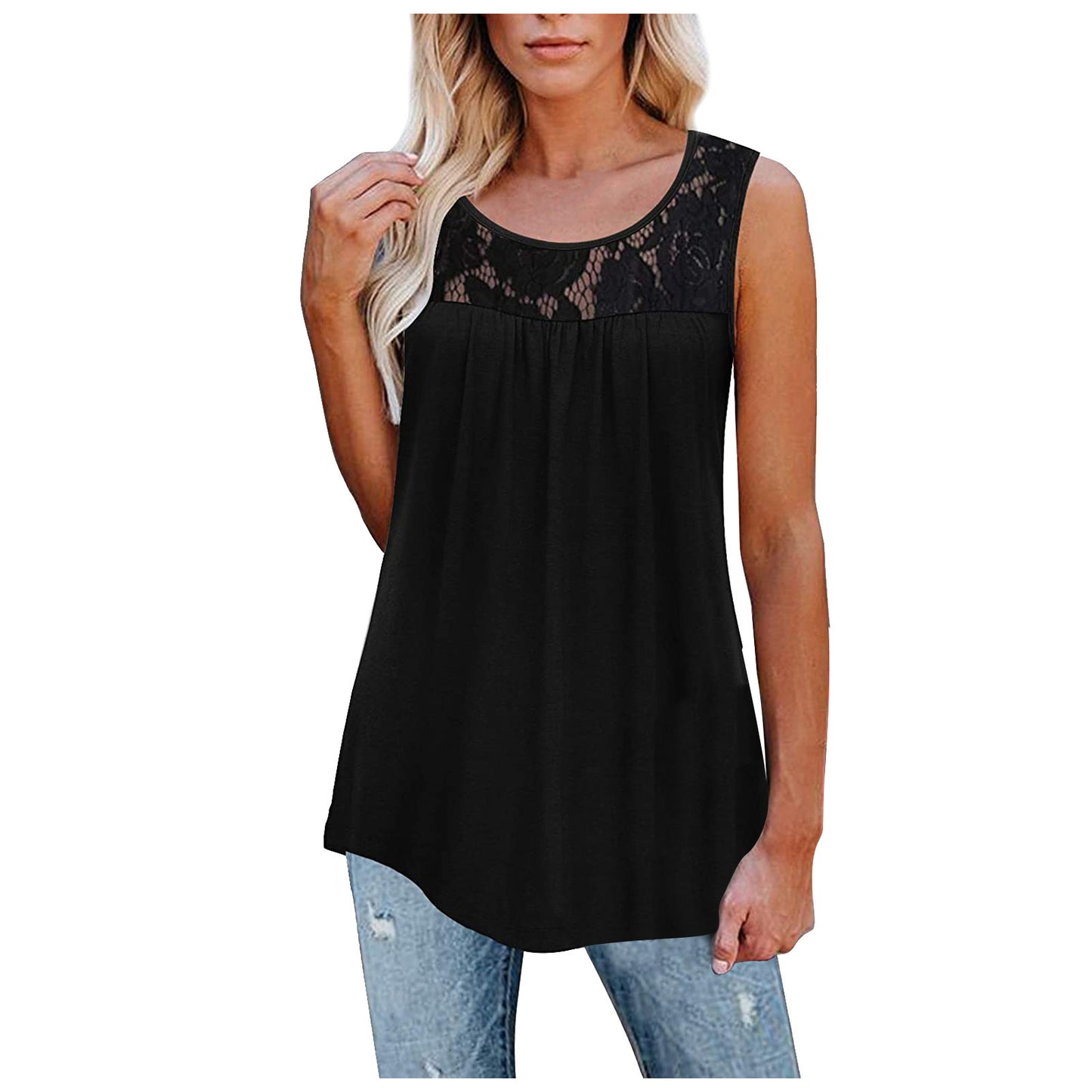 Loose O-Neck Collar Lace Embroidery Tank Top